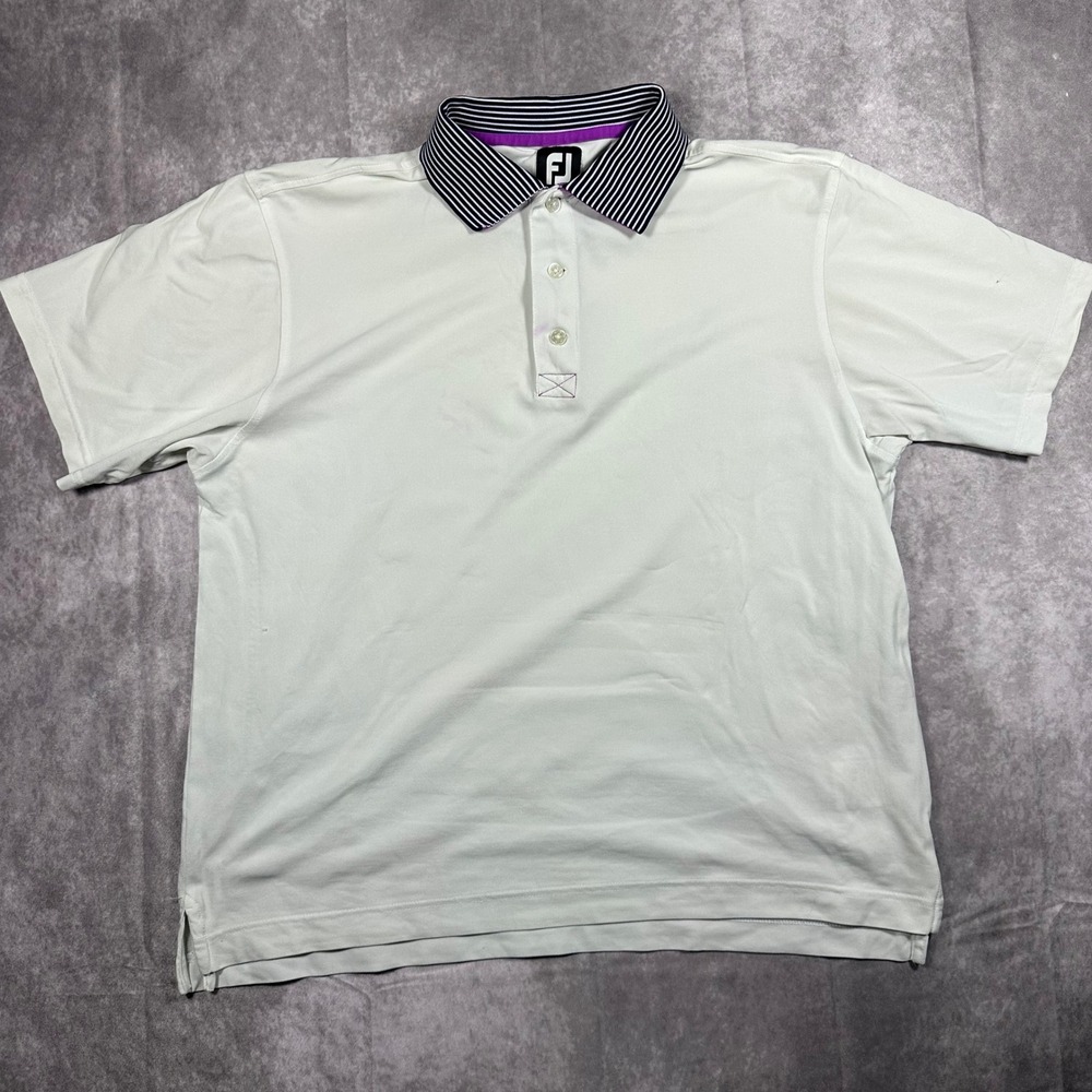 FootJoy Men Large White Golf Polo Shirt Striped Collar Purple Accents Sportswear